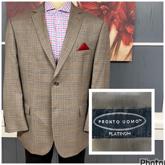 Pronto Uomo Sport Coat Blazer Jacket Mens 48R‎ Wool Rayon Brown & Gray Plaid - Picture 1 of 11